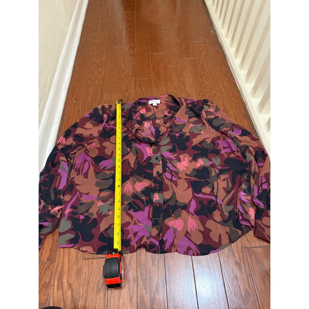Evereve Womens XL Abstract Floral Button Down Blouse Burgundy Purple Long Sleeve